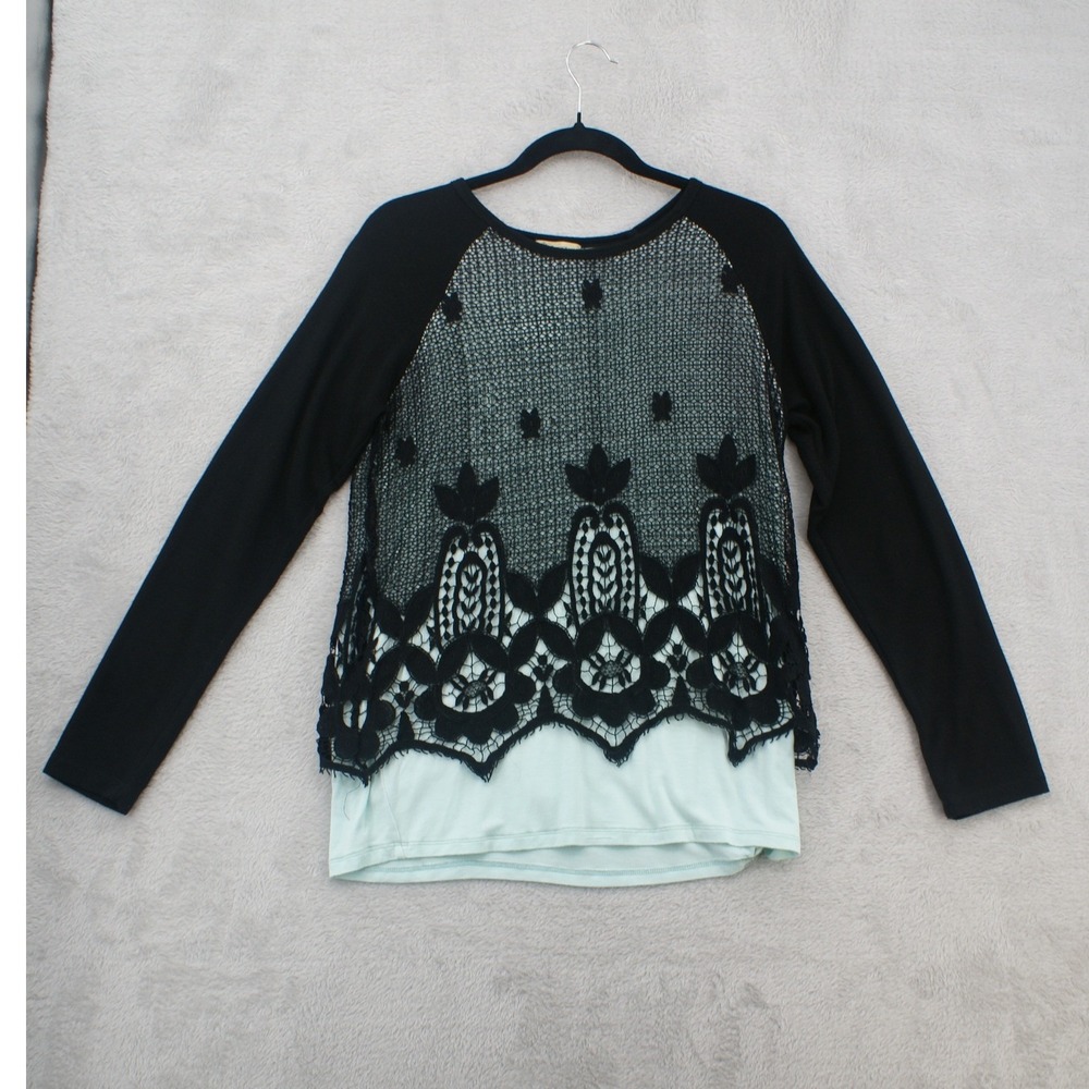 Democracy Womens Black Crochet Lace Layered Long Sleeve Top Mint Green Medium